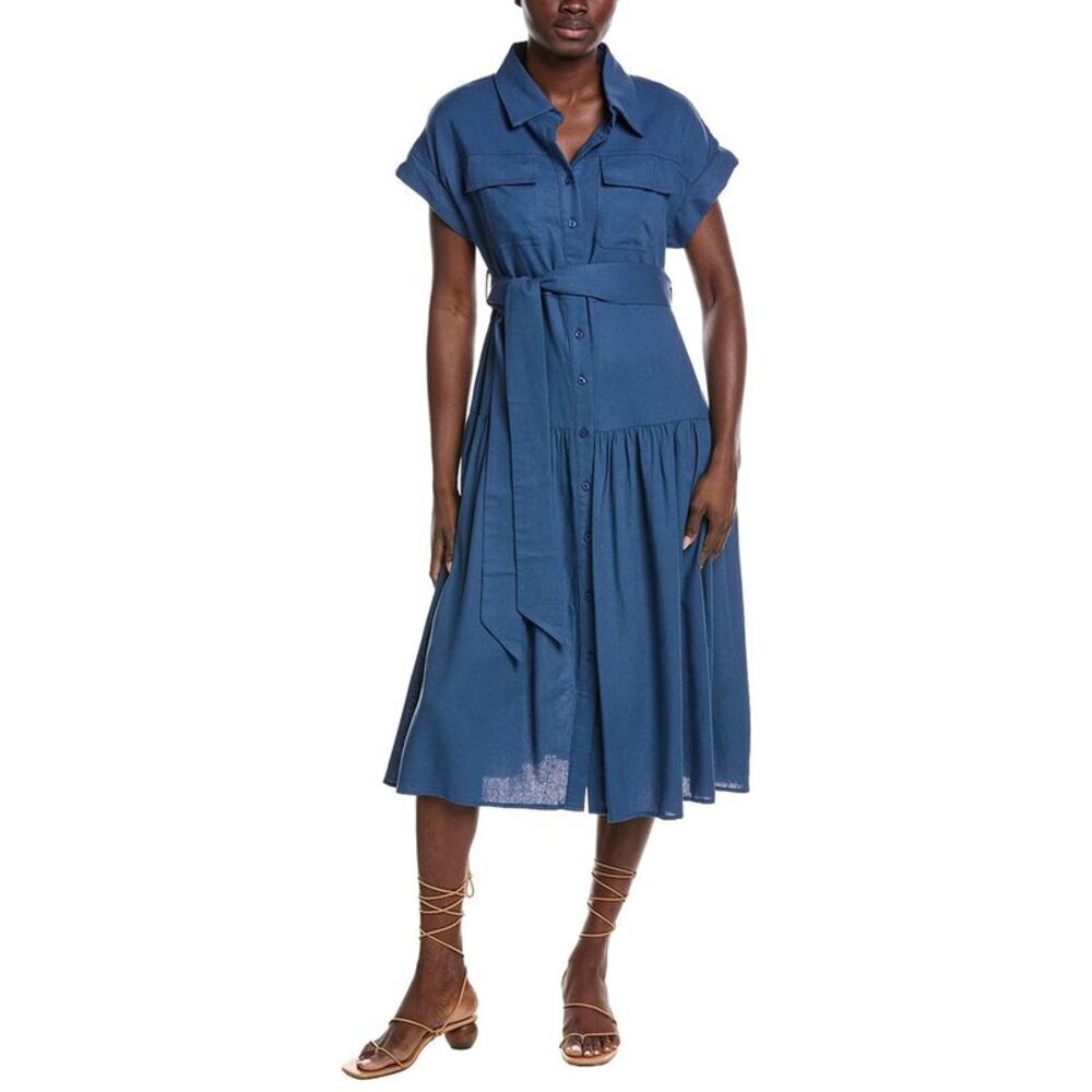 Gracia Womens  Cap Sleeve Linen-Blend Shirtdress, Blue